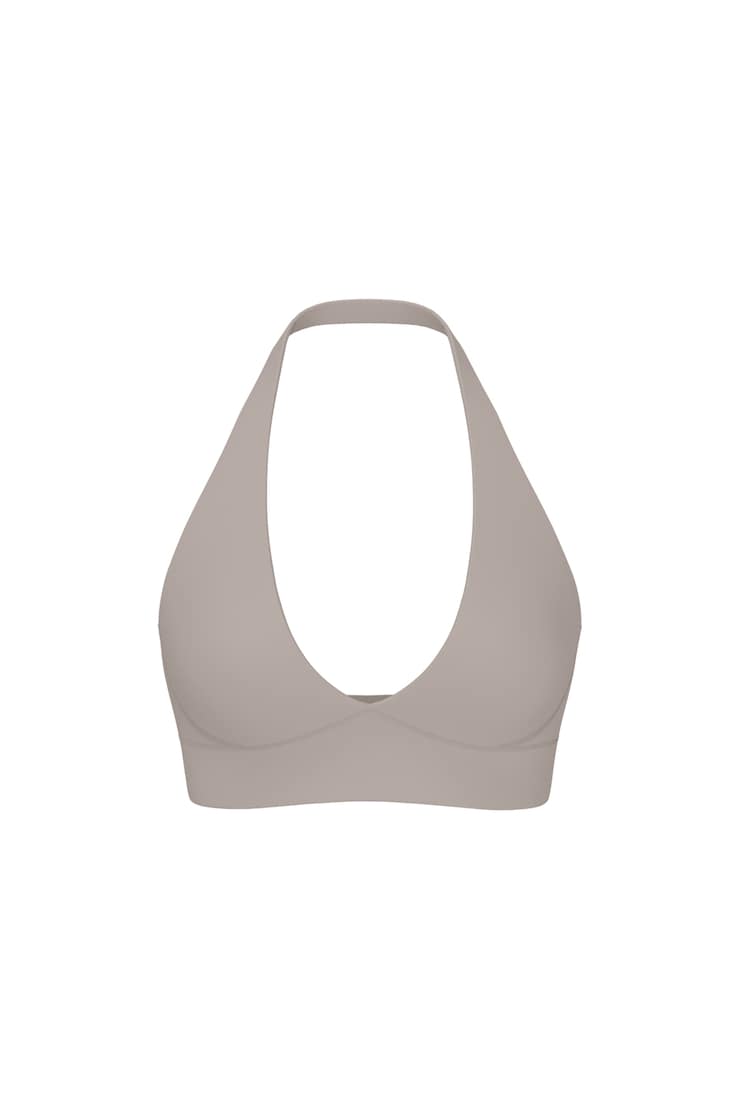 Active Plunge Halter Bra, Satellite Beige, large