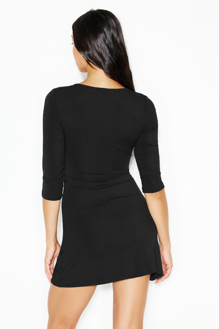 Plunge 3/4 Sleeve Mini Dress, Jet Black, large