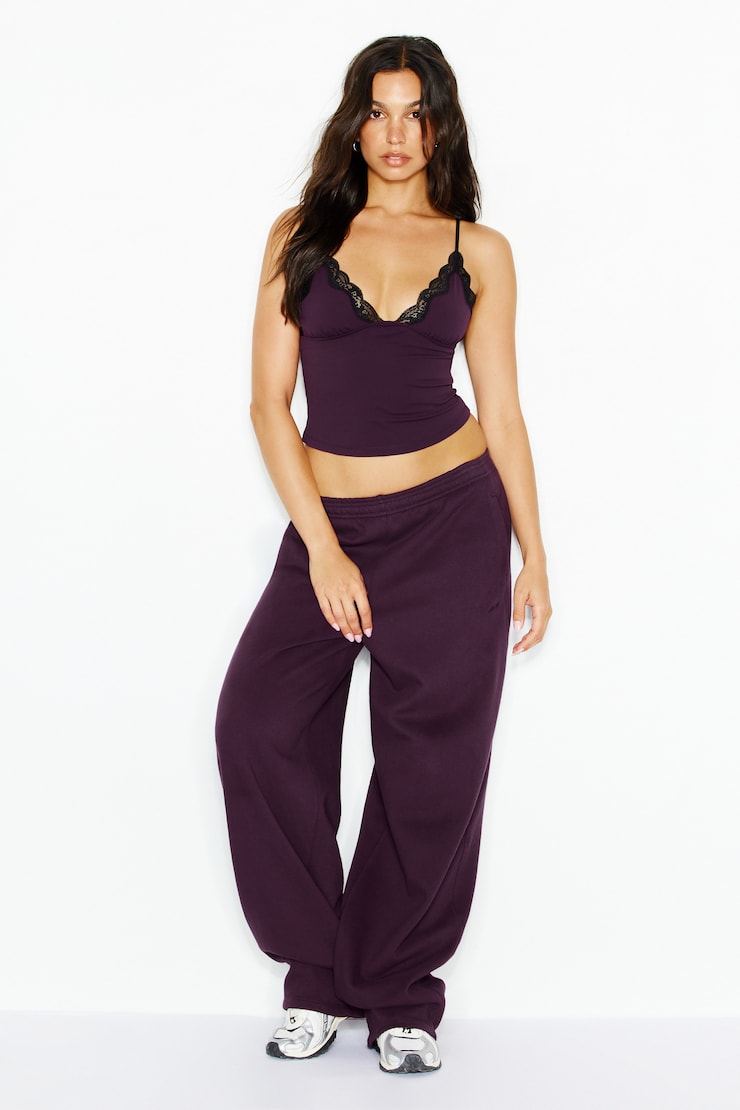 Sleek Plunge Lace Trim Cami Top, Wild Berry Maroon w/ Jet Black, large