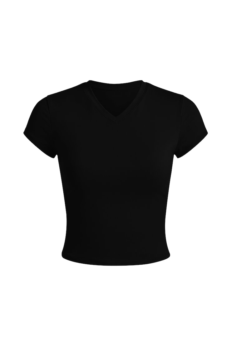 Sleek High V-Neck Short Sleeve Top, Jet Black, large