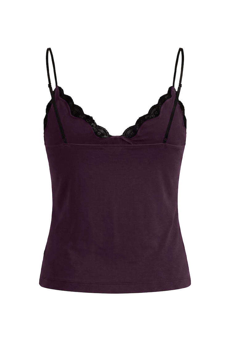 Sleek Plunge Lace Trim Cami Top, Wild Berry Maroon w/ Jet Black, large