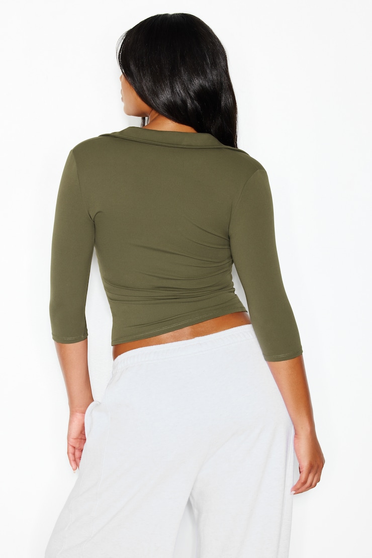 Sleek 3/4 Sleeve Polo Top, Kalamata Green, large