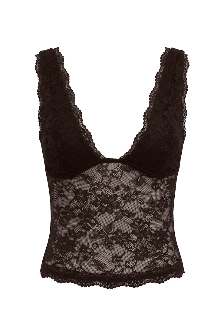 Lace Plunge Tank Top, Chocolate Mousse Brown, large