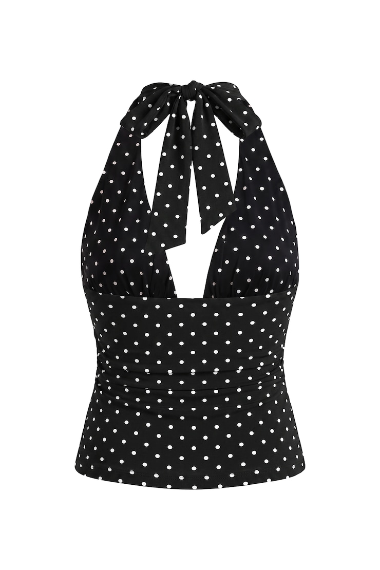 Ruched Pixie Halter Top, Jet Black/White Polka Dots, large