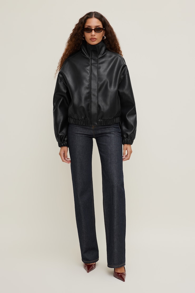 Brynn Faux Leather Bomber Jacket Jet Black large