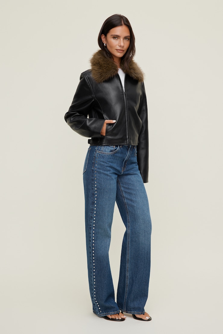 Faux Fur Collar Leather Jacket