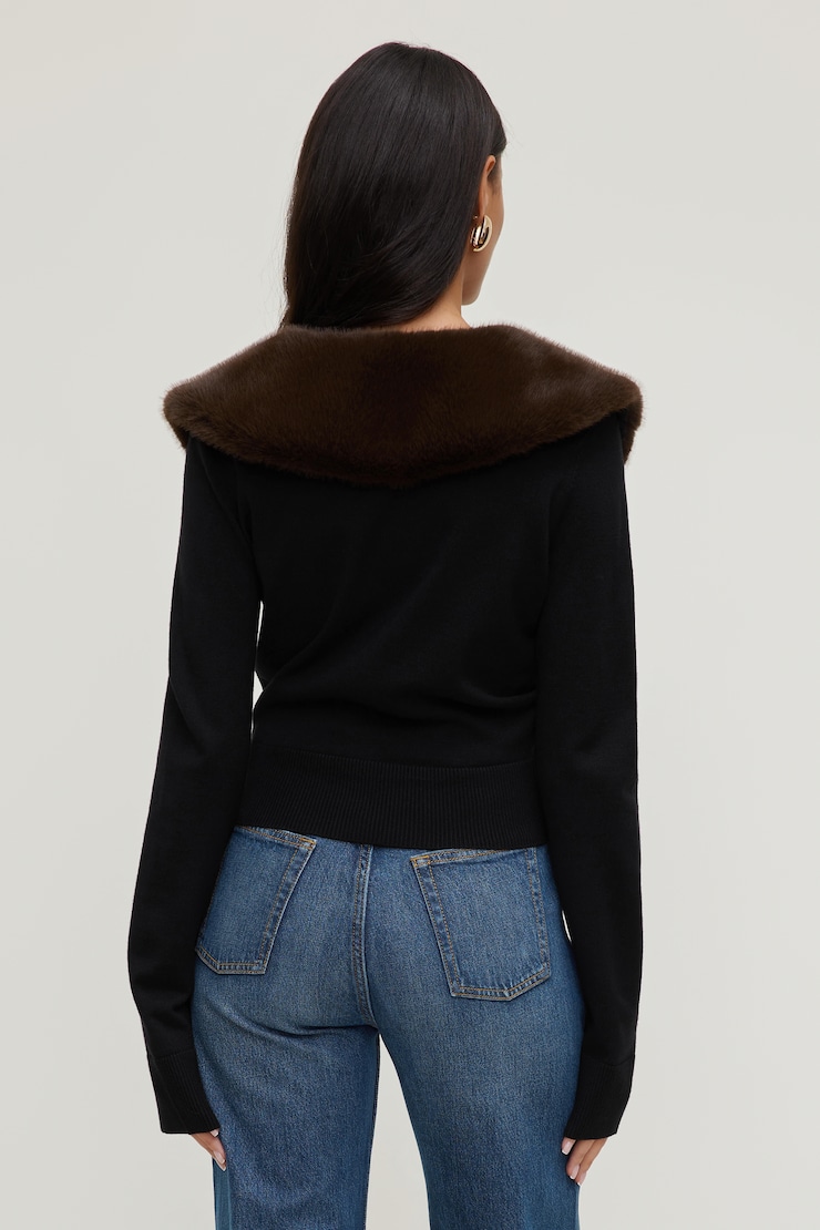 Faux Fur Trim Cardigan Jet Black w/ Mahogany Brown Mink large