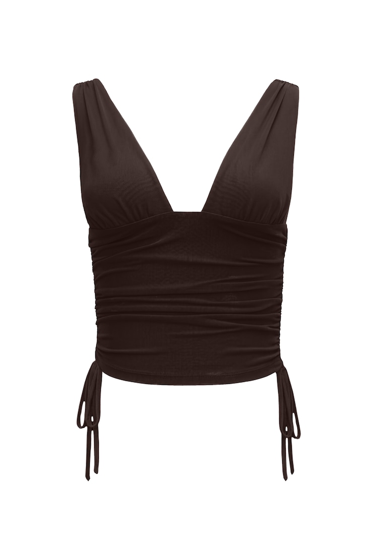 Plunge Ruched Tie Mesh Top, Chocolate Mousse Brown, large