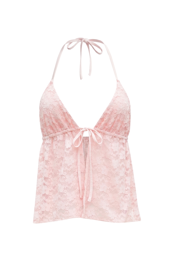 Lace Babydoll Flyaway Halter Top, Pink, large