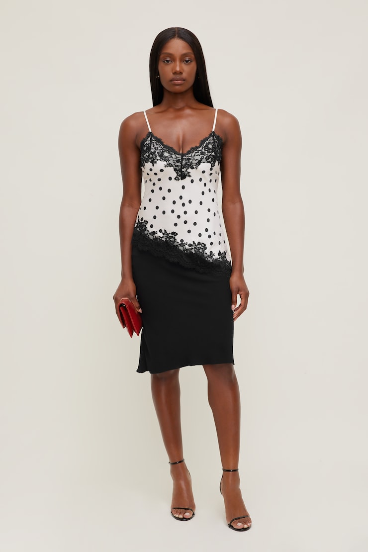 Cassie Asymmetric Lace Satin Cami Off white w/Black Polka Dots large