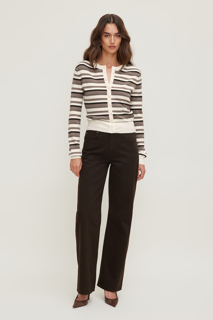 Rebecca Crewneck Cardigan Brown White Stripes large