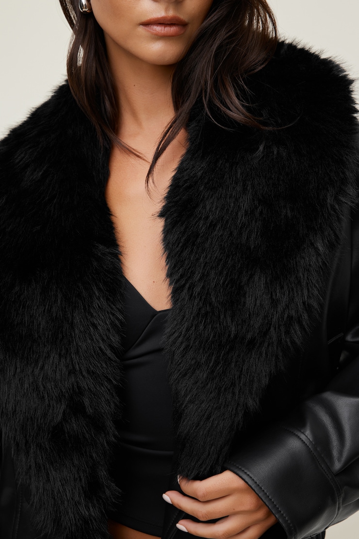 Drew Faux Leather Aviator Jacket Jet Black large