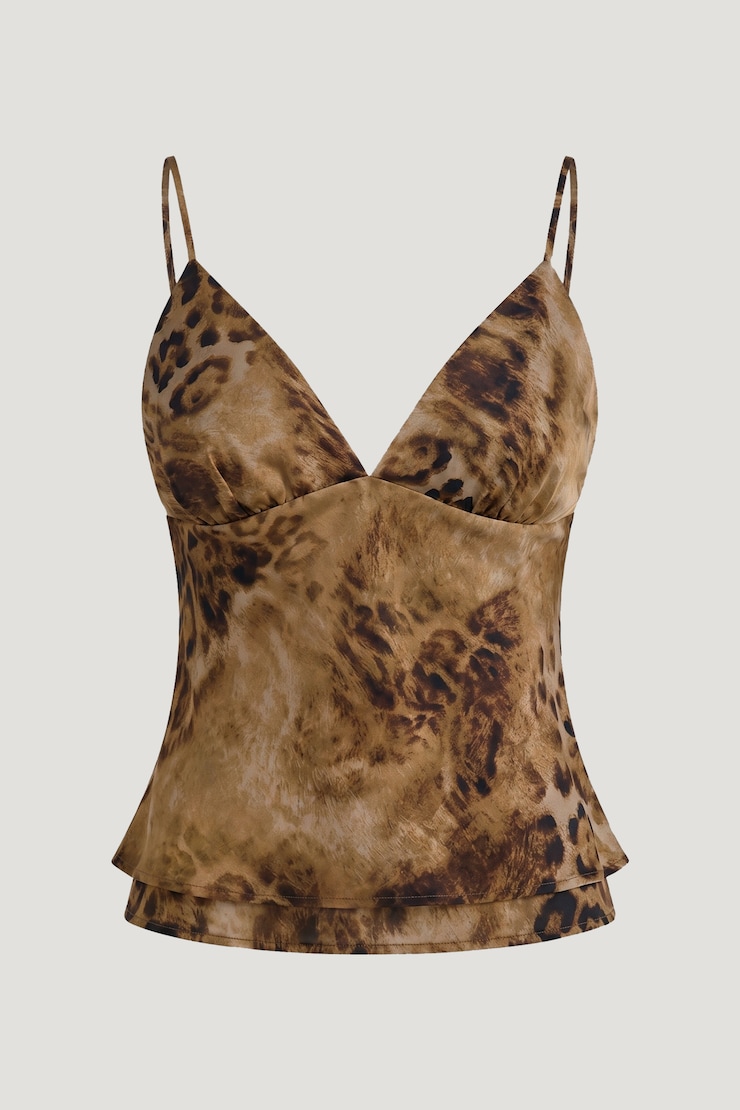 Plunge Babydoll Tank Top Leopard Brown large
