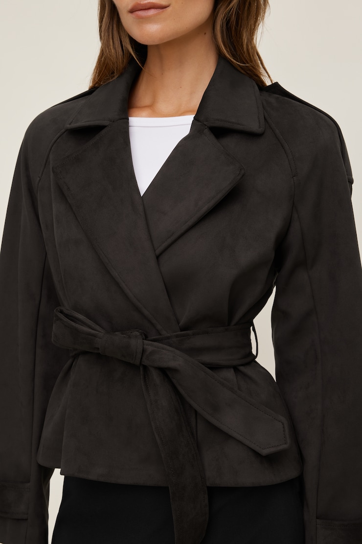Remi Short Faux Suede Trench Coat Chocolate Torte Brown large