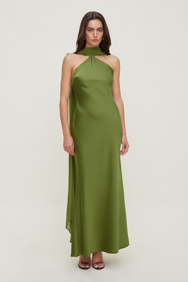 Robe écharpe licou maxi en satin Vert calla large