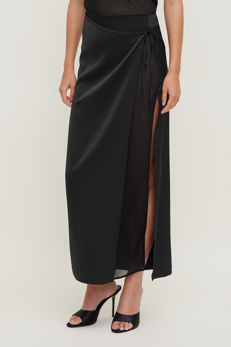 Satin Wrap Maxi Skirt Jet Black large