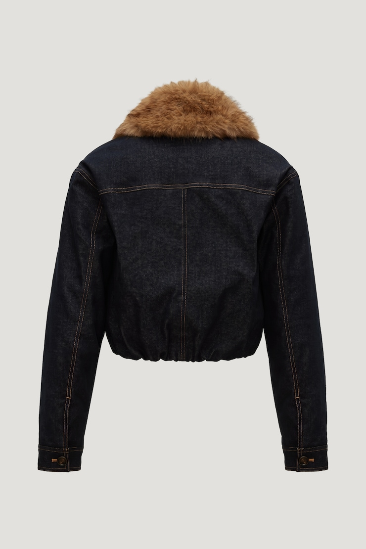 Faux Fur Collar Denim Aviator Jacket Medium Dark Indigo / Rinse large