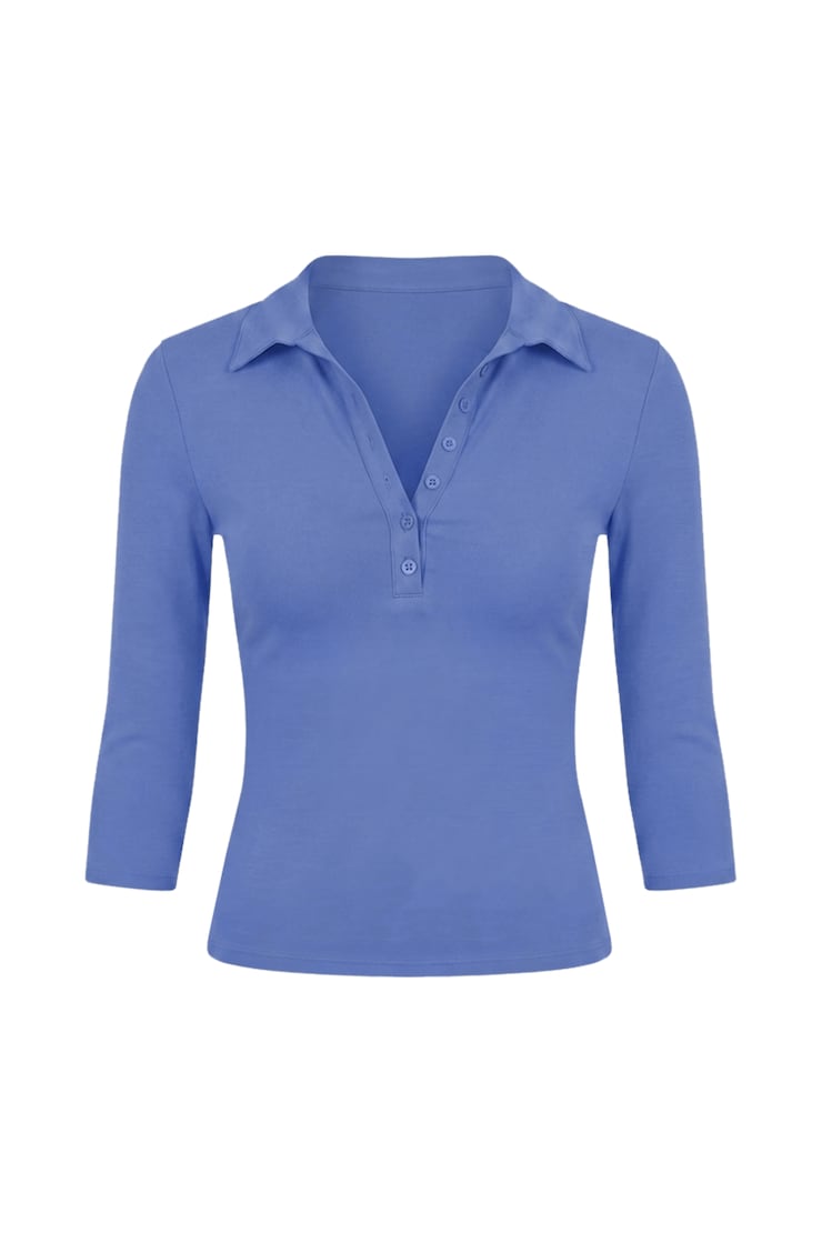 Sleek 3/4 Sleeve Polo Top, Blue Blush, large