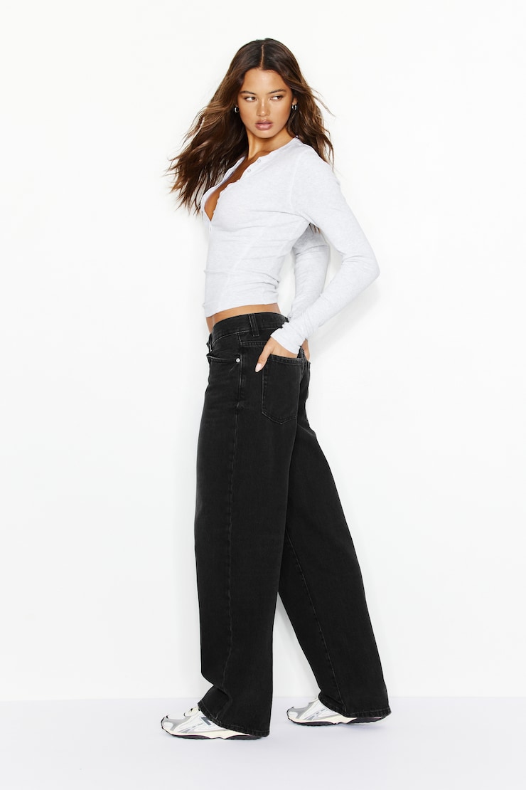 Low Rise Baggy Jeans, BLACK - DARK, large