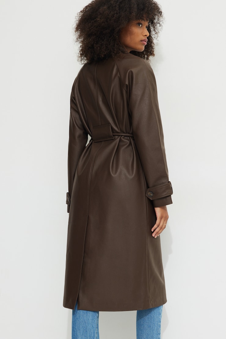 Faux Leather Mac Coat Coffee Bean Brown large