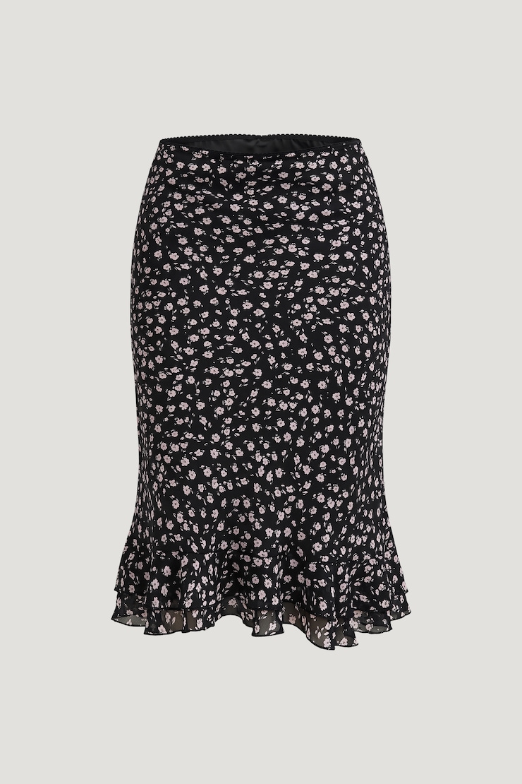 Ruffled Georgette Midi Skirt Black Floral large