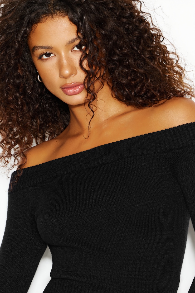 Long Sleeve Off Shoulder Top, Jet Black, large