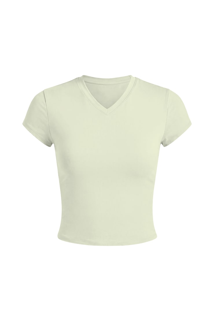 Sleek High V-Neck Short Sleeve Top, Mint Mischief, large