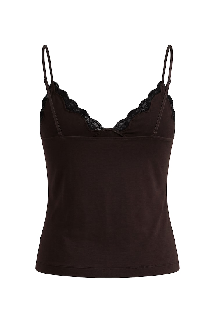 Sleek Plunge Lace Trim Cami Top, Chocolate Mousse Brown w/ Jet Black, large