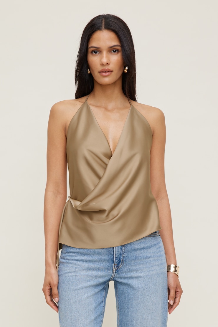 Satin Wrap Halter Top Beige | Dynamite