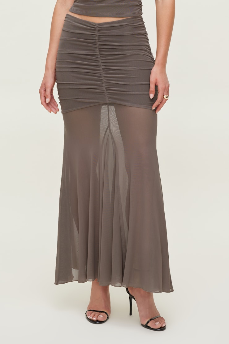Ruched Mesh Maxi Skirt Iron Taupe large