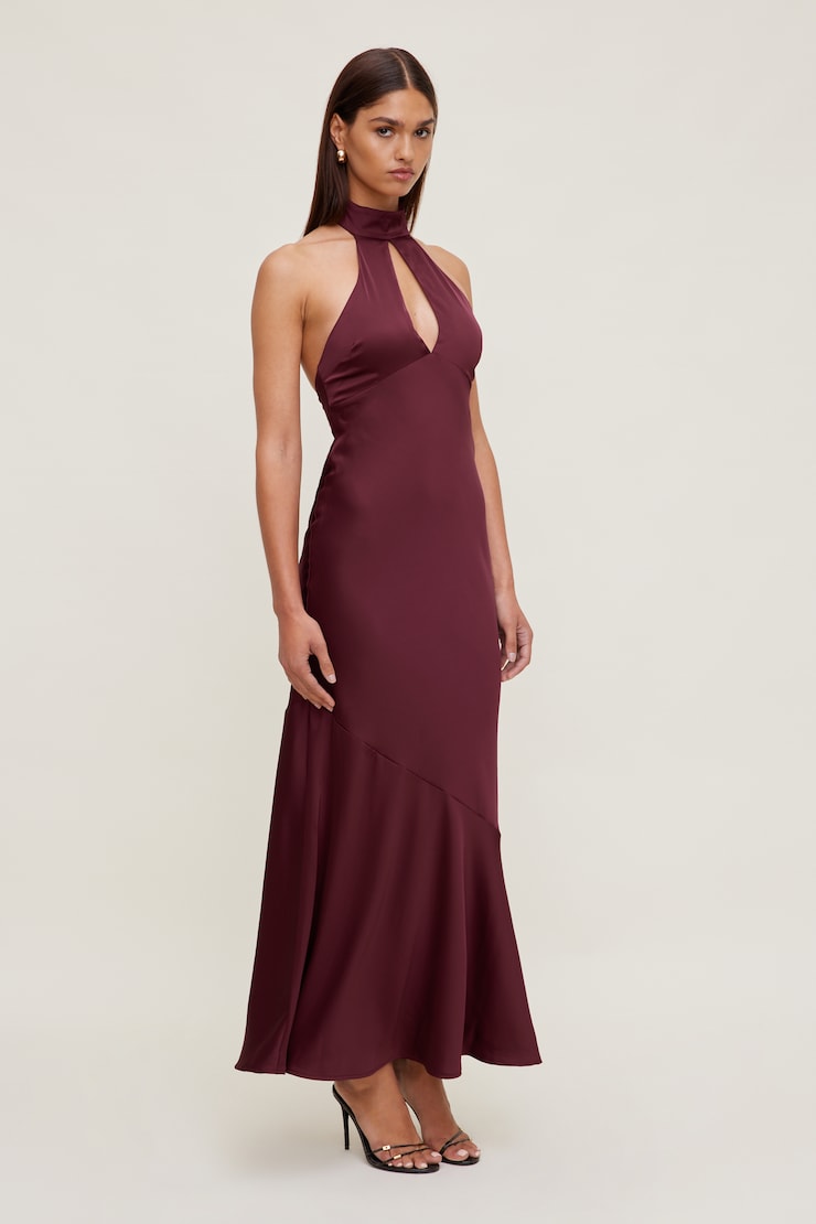 Keyhole Satin Maxi Slip Dress Maroon Banner large