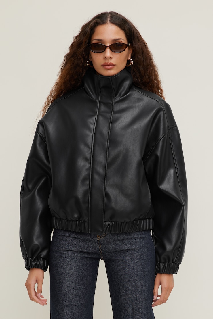 Brynn Faux Leather Bomber Jacket Jet Black large