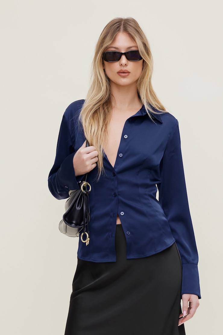 Chemise en satin Kyra Marine caverne océanique large