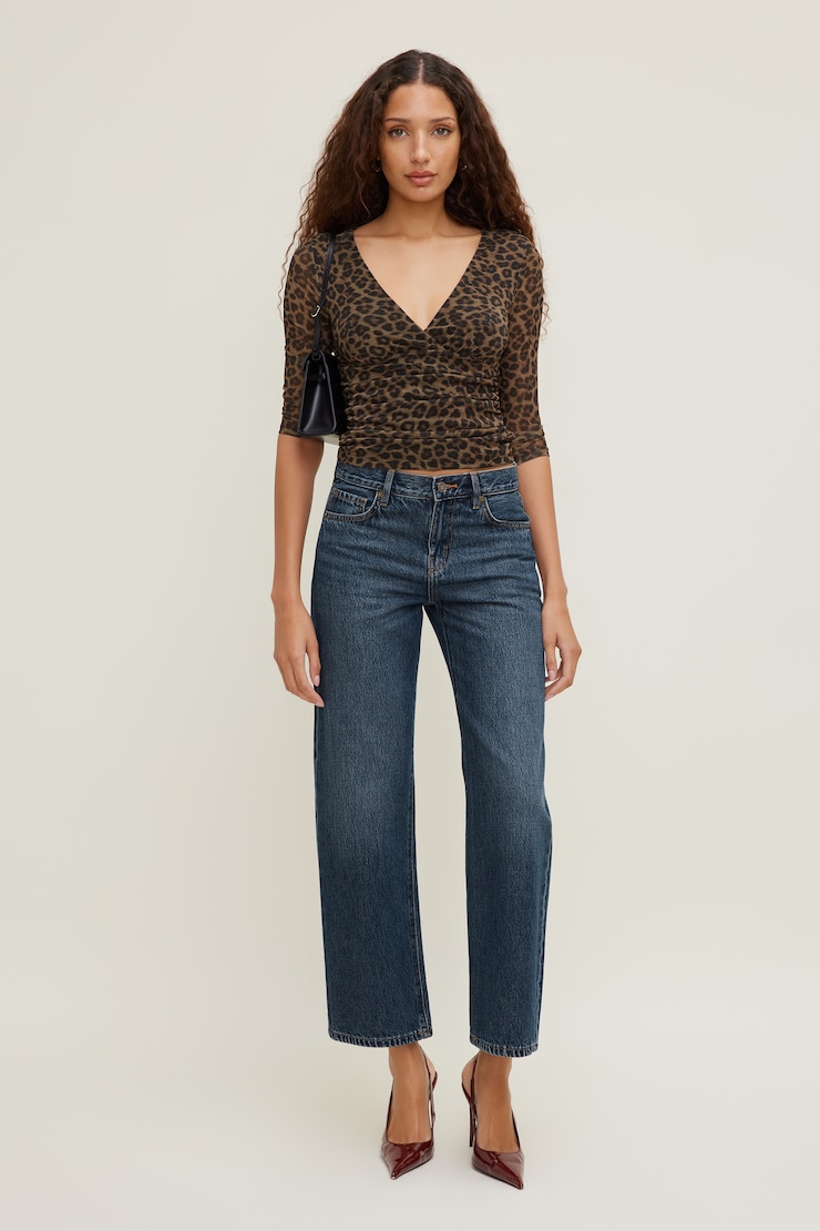 Plunge 3/4 Sleeve Mesh Top Leopard Brown large