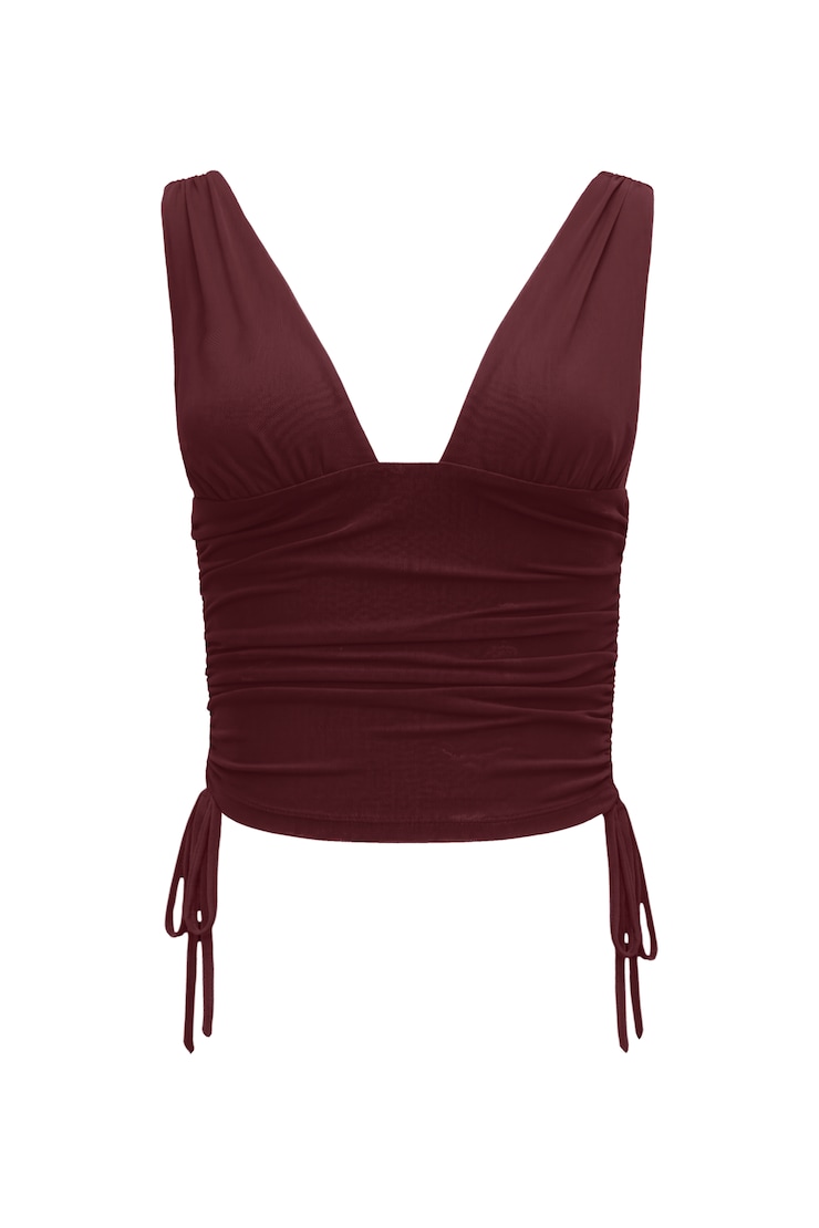 Plunge Ruched Tie Mesh Top, Burgundy Bite, large