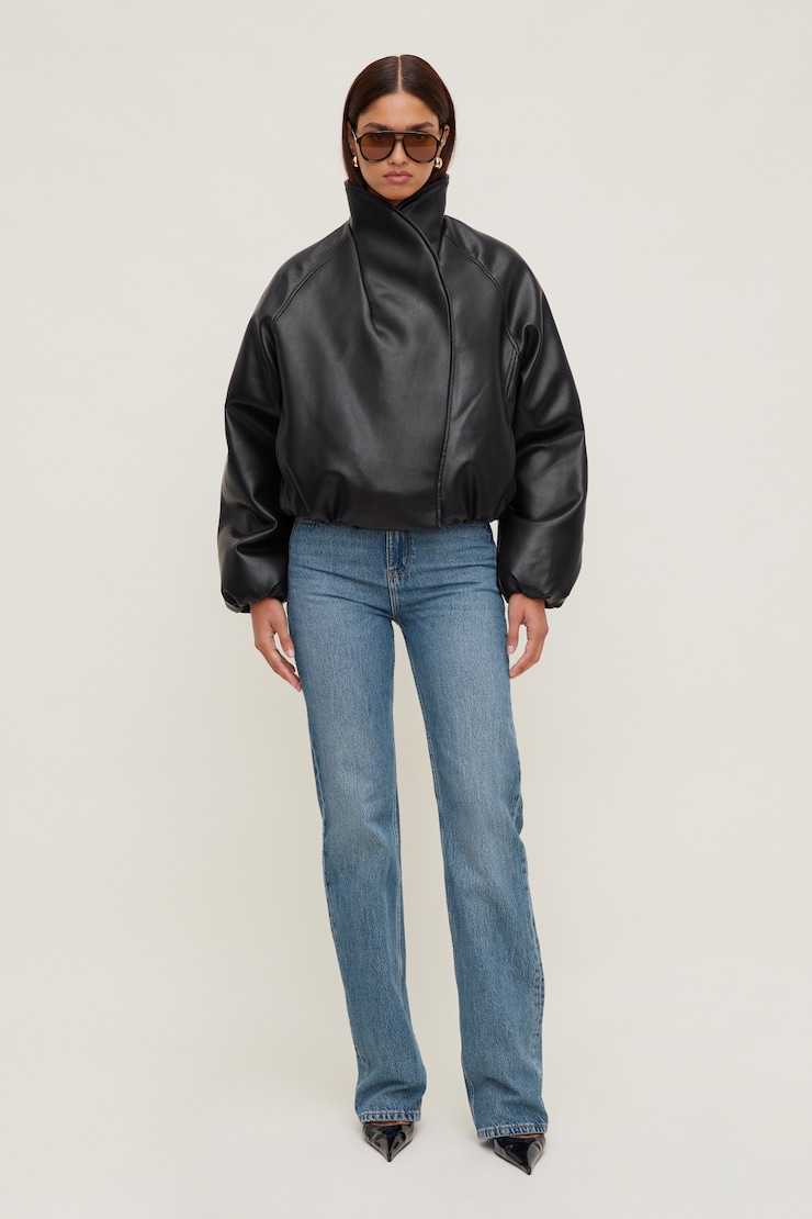Wrap Faux Leather Bomber Jacket Jet Black large