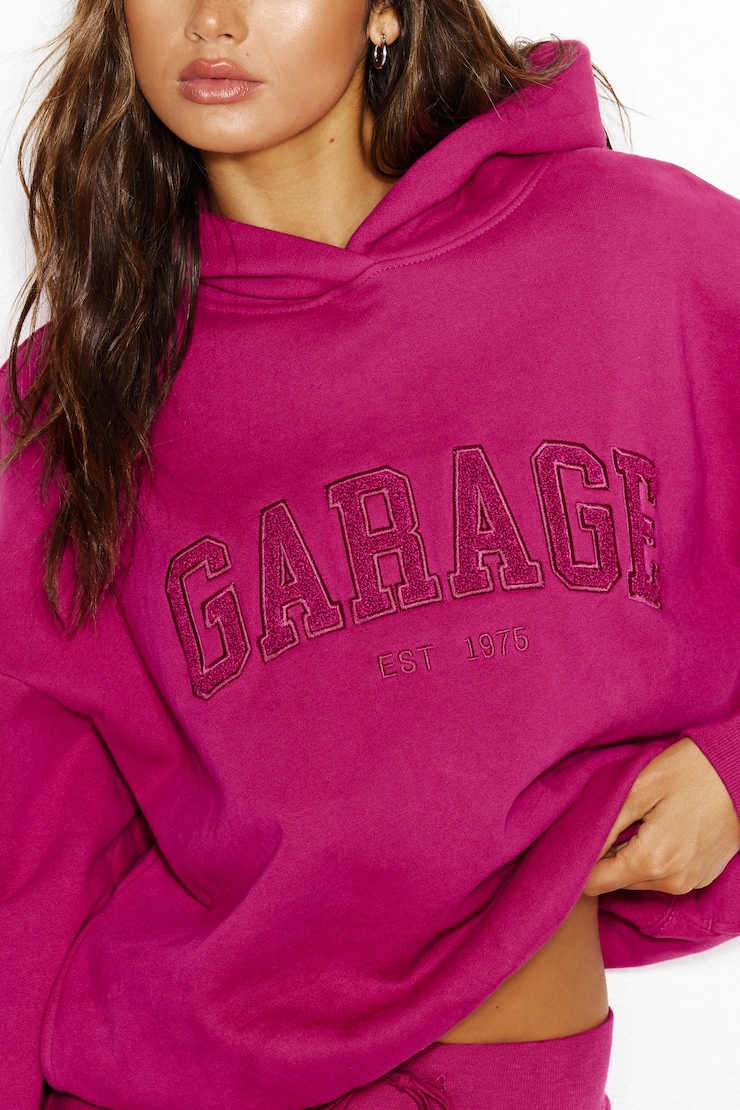 UltraFleece Hoodie, Raspberry Cheeks Pink with Chenille "GARAGE" Logo, large
