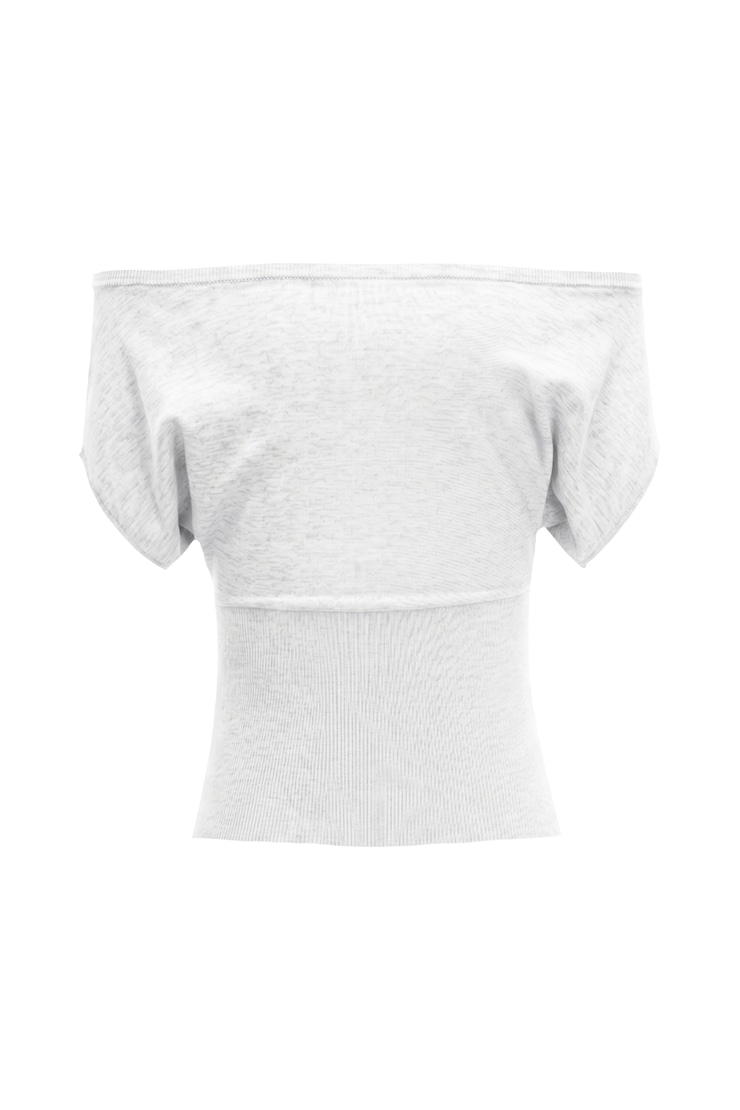Off Shoulder Short Sleeve Cinch Waist Top, Spring Grey Mix, large