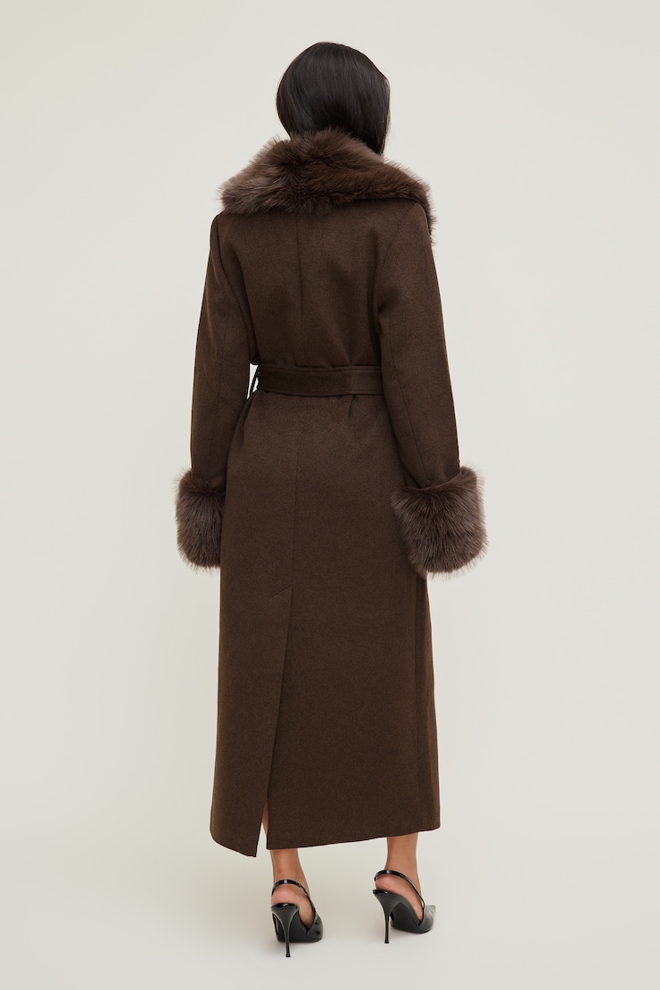 Faux Fur Trim Wool Coat Armadillo Brown large