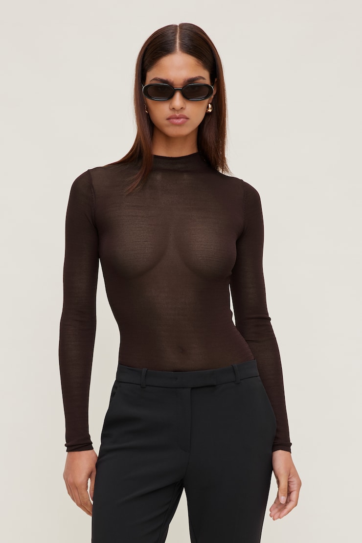 Sheer Mock Neck Sweater Cherry Lacquer Burgundy large