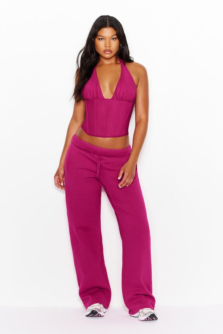 Plunge Halter Mesh Corset Top, Raspberry Cheeks Pink, large