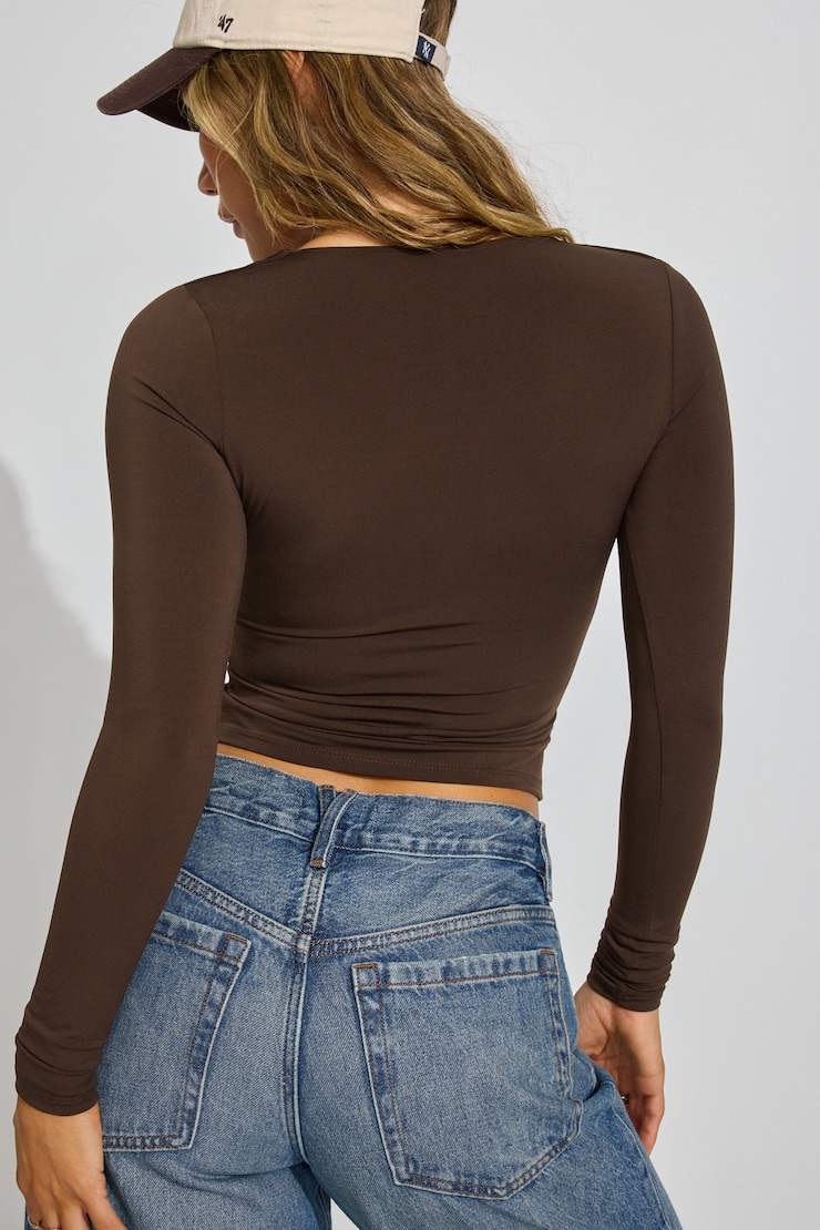 Plunge Neck Long Sleeve Top, Armadillo Brown, large
