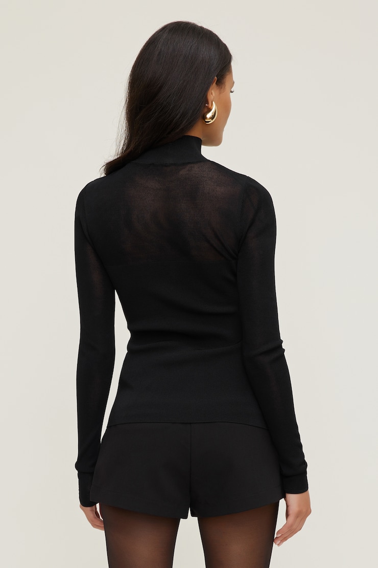 Sheer Opaque Mock Neck Sweater JET BLACK large