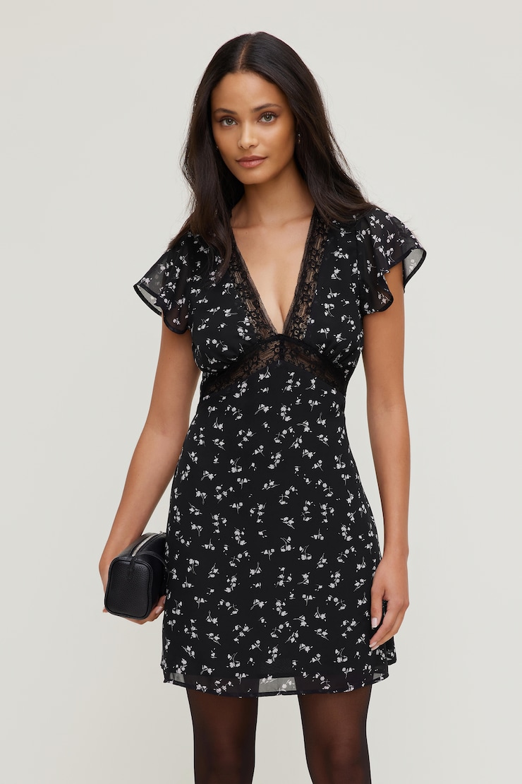 Lace Trim Mini Dress Ditsy Floral Black large