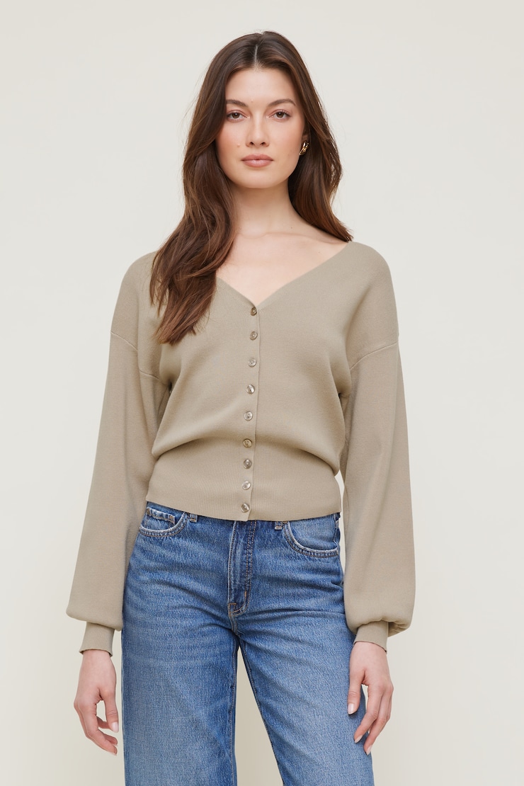 V Neck Cardigan Beige | Dynamite