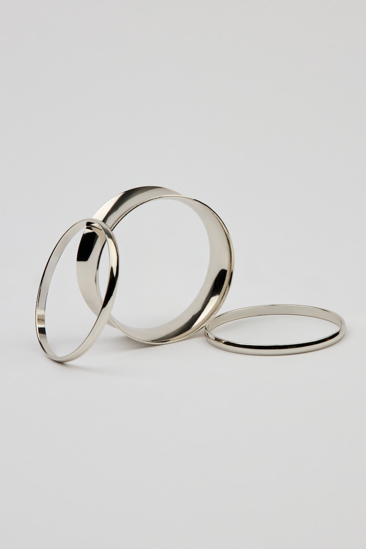 Set of 3 Convex & Wave Bangles, Silver, large