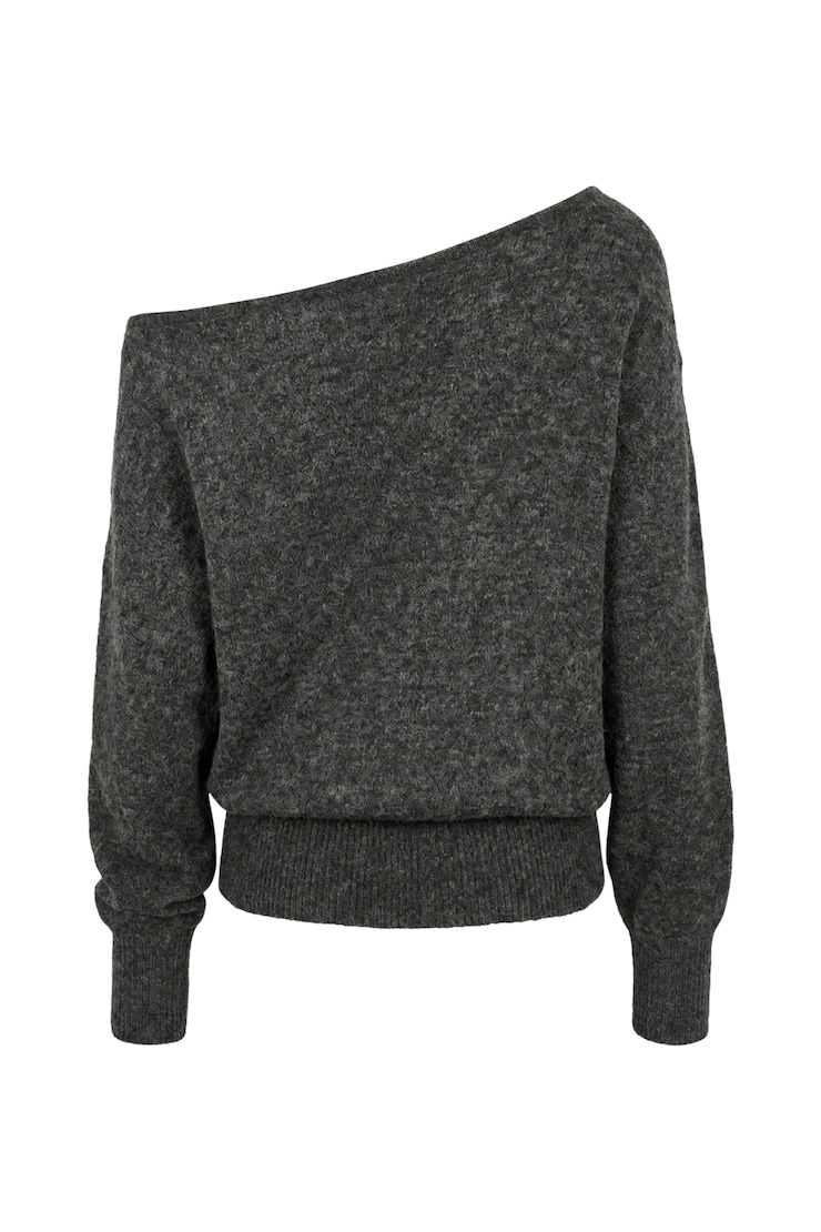 Long Sleeve Spongy Relaxed Off Shoulder Sweater, Concrete Melange, large