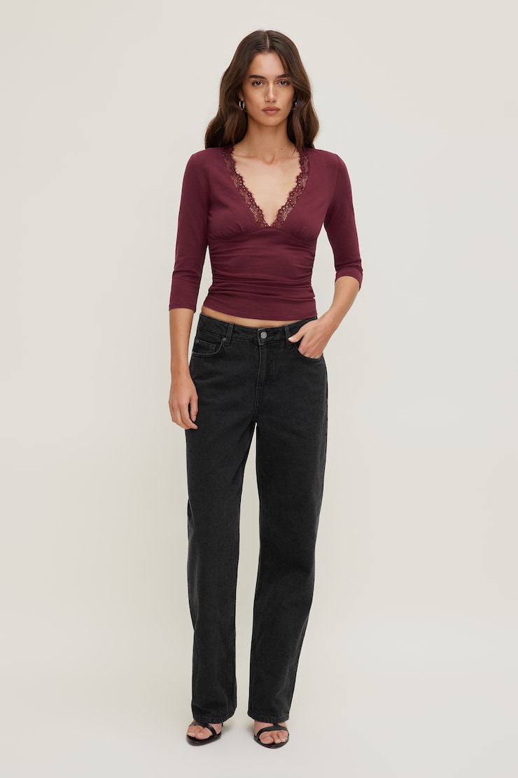 Lace Trim 3/4 Sleeve Top Maroon Banner large