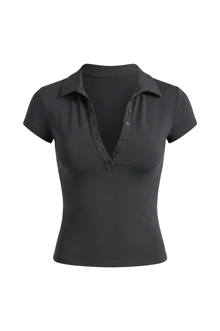 Sleek Short Sleeve Polo Top, Forged Iron Grey, large