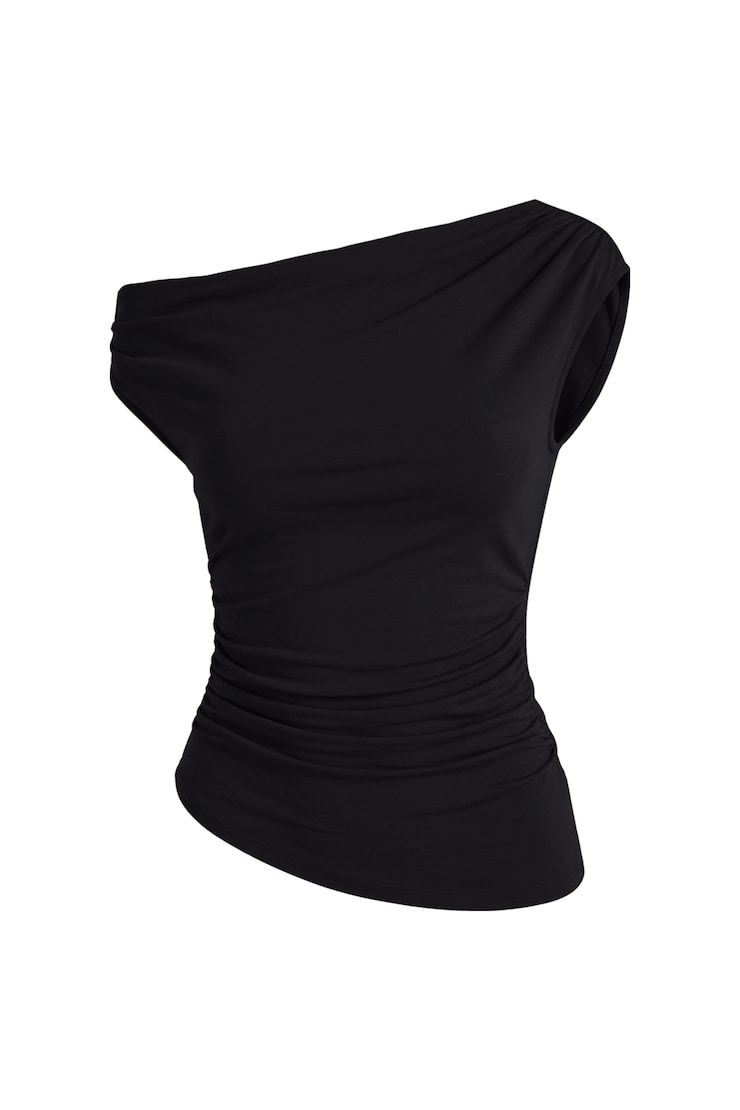 T-shirt asymétrique lisse, Noir encre, large